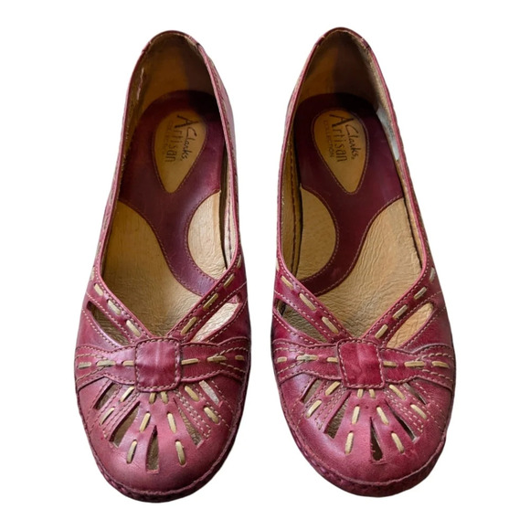 Clarks Artisan Collection Leather Red Cutout Slides Sandals 6.5M - Picture 2 of 9